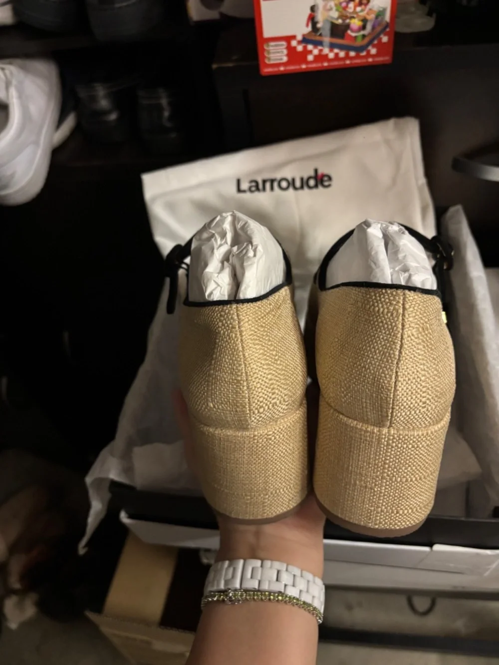 Larroude Blair platform shoes in beige raffia size 8
